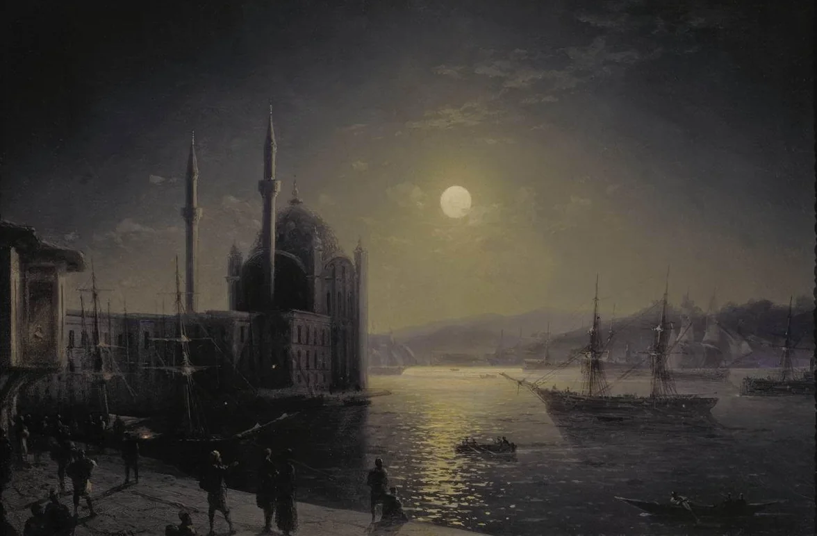The Ortaköy Mosque and the Bosphorus, moonlight glittering on the water; oil painting